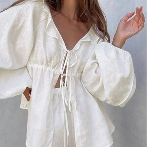 Commense White Ruffle Blouse and shorts set